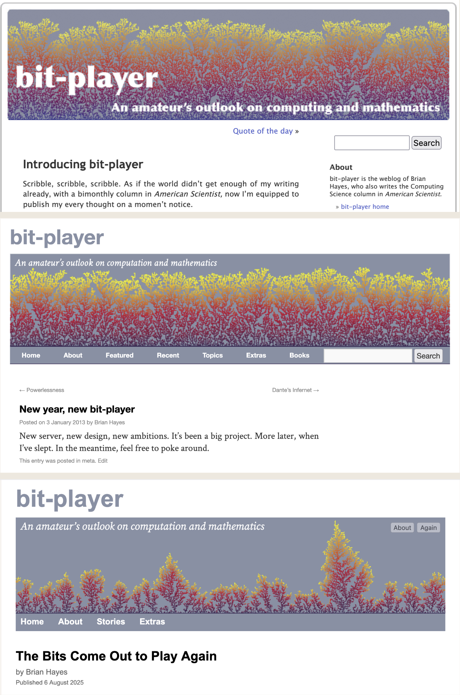 Snapshots of bit-player posts from three eras: 2006, 2013, 2025.